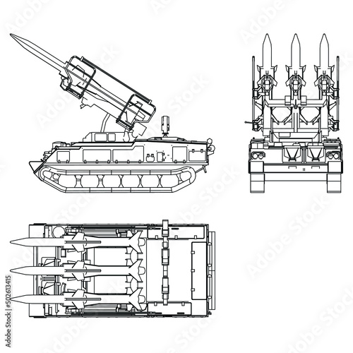Rocket launcher. Rockets and shells. Special military equipment. Air Attack. Vector Military machine. Military vehicle logotype.