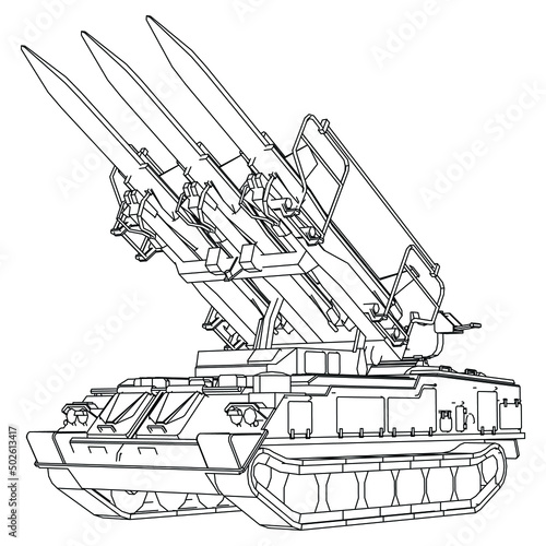 Rocket launcher. Rockets and shells. Special military equipment. Air Attack. Vector Military machine. Military vehicle logotype.
