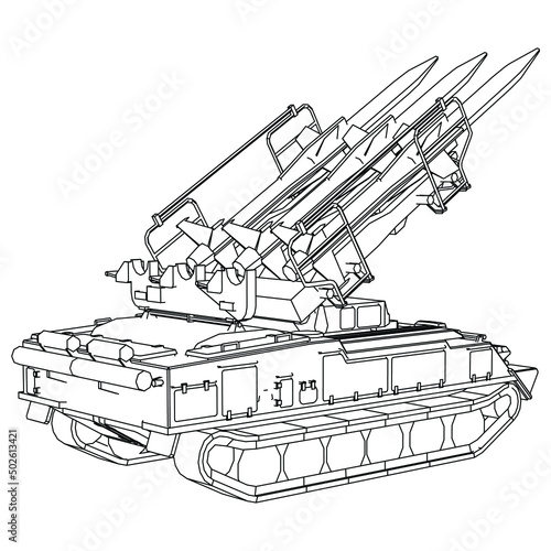 Rocket launcher. Rockets and shells. Special military equipment. Air Attack. Vector Military machine. Military vehicle logotype.