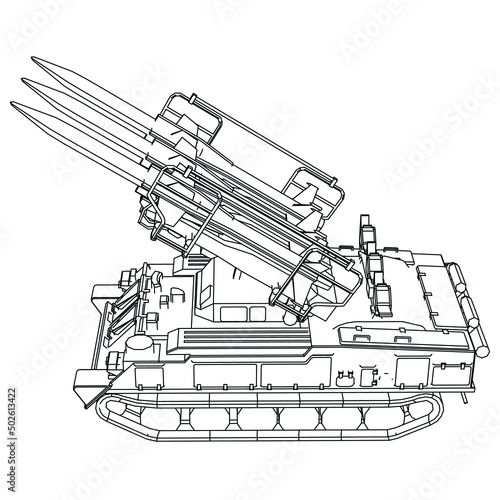 Rocket launcher. Rockets and shells. Special military equipment. Air Attack. Vector Military machine. Military vehicle logotype.