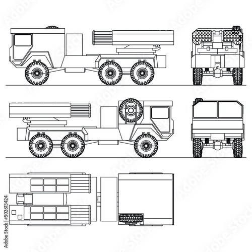 Rocket launcher. Rockets and shells. Special military equipment. Air Attack. Vector Military machine. Military vehicle logotype.