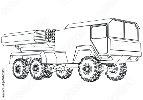 Rocket launcher. Rockets and shells. Special military equipment. Air Attack. Vector Military machine. Military vehicle logotype.