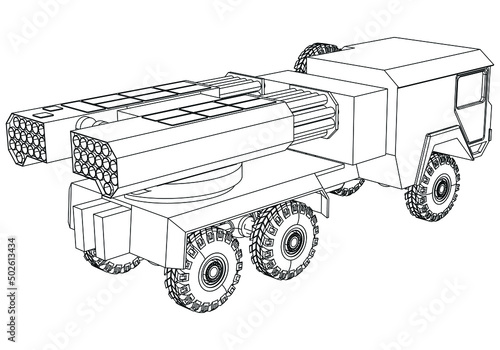 Rocket launcher. Rockets and shells. Special military equipment. Air Attack. Vector Military machine. Military vehicle logotype.