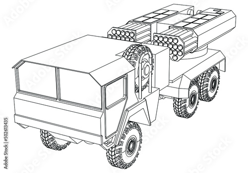 Rocket launcher. Rockets and shells. Special military equipment. Air Attack. Vector Military machine. Military vehicle logotype.