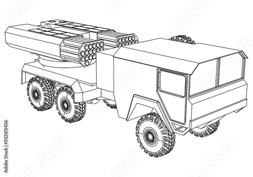 Rocket launcher. Rockets and shells. Special military equipment. Air Attack. Vector Military machine. Military vehicle logotype.