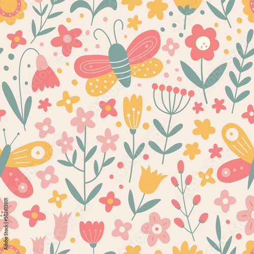 Wallpaper Mural Vector floral pattern in doodle style with decorative butterflies, flowers and leaves. Cute butterflies, flowers and  leaves seamless pattern. For textiles, clothing, bed linen, office supplies. Torontodigital.ca