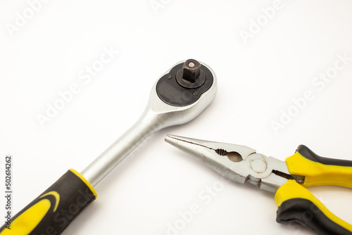 Construction tools, wrench heads on white background