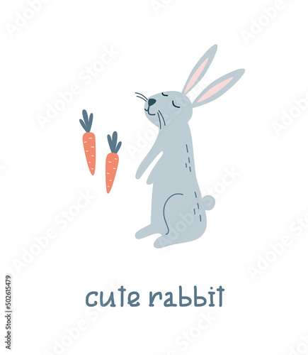 Cute cartoon character of a rabbit on its hind legs and a carrot.