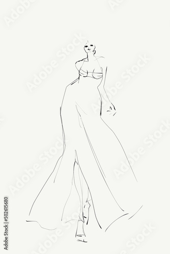 Young woman model in evening dress. Fashion illustration  sketch. Vector