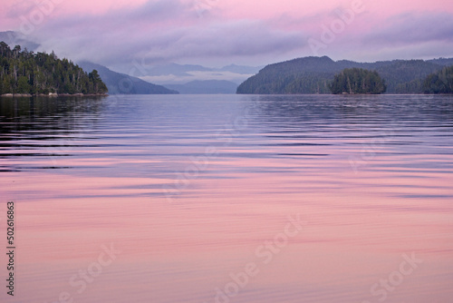 Panoramic view of the sea with a mountain range in the background, Calvert Island, British Columbia, Canada