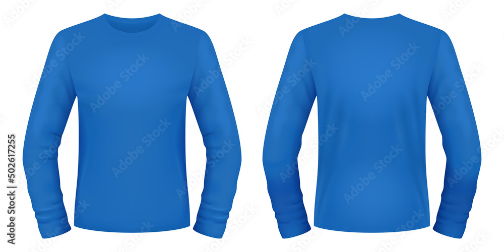 Blank blue long sleeve t-shirt template. Front and back views. Vector ...