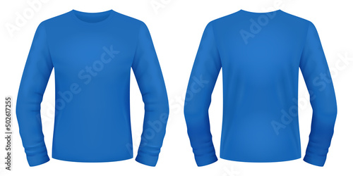 Blank blue long sleeve t-shirt template. Front and back views. Vector illustration.