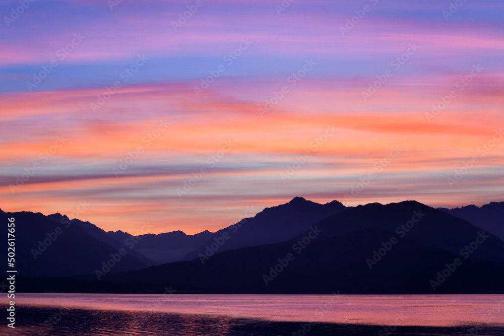 Fjord in front of mountains, Seabeck, Hood Canal, Olympic Mountains, Washington State, USA Fjord in front of mountains, Seabeck, Hood Canal, Olympic Mountains, Washington State, USA