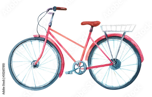 Watercolor bicycle. An old pink bicycle for traveling around the city