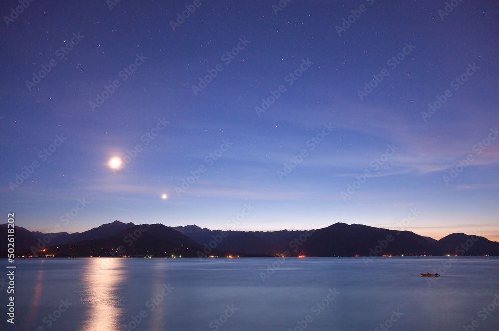 USA, Washington, Seabeck, Hood Canal, Olympic Mountains, Mount Jupiter, Mount Constance the Moon the planet Venus USA, Washington, Seabeck, Hood Canal, Olympic Mountains, Mount Jupiter, Mount Constance the Moon the planet Venus