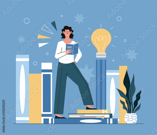 Concept of knowledge. Girl stands with book in hands, love for literature and useful hobby. Education and self development. Female student preparing for test or exam. Cartoon flat vector illustration
