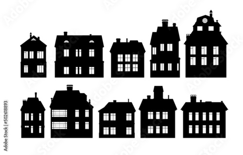 Rural houses with windows silhouette. Isolated on white background. Object set. Small city houses residential quarters. Cityscape with buildings. Housing Vector