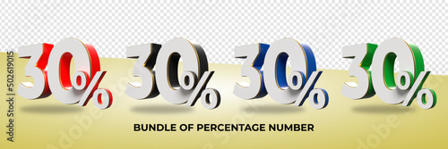 3D render bundle of number  30 % for sale discount, progress, colors variation