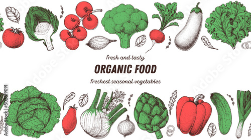 Vegetables hand drawn illustration. Top view frame. Vintage hand drawn sketch. Organic food poster. Good nutrition, healthy food. Vector illustration. Cabbage, fennel, artichoke, pepper, eggplant.