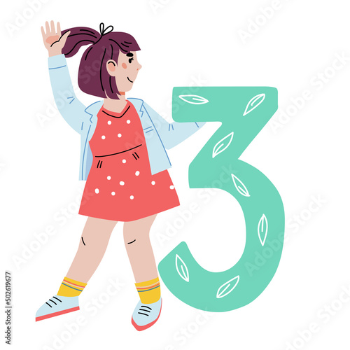 Child girl with figure 3 three, vector cartoon flat illustration isolated on background. Child of preschool or kindergarten age learning numbers, counting and mathematics.