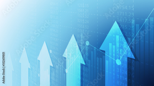 Financial chart with moving up arrow graph in stock market on blue color background