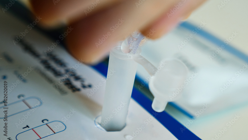 Man hand squeezes liquid in a plastic tube to test for coronavirus at home. Self testing on Covid-19. Rapid antigen test for traveling and online reporting. Isolation, new normal concept