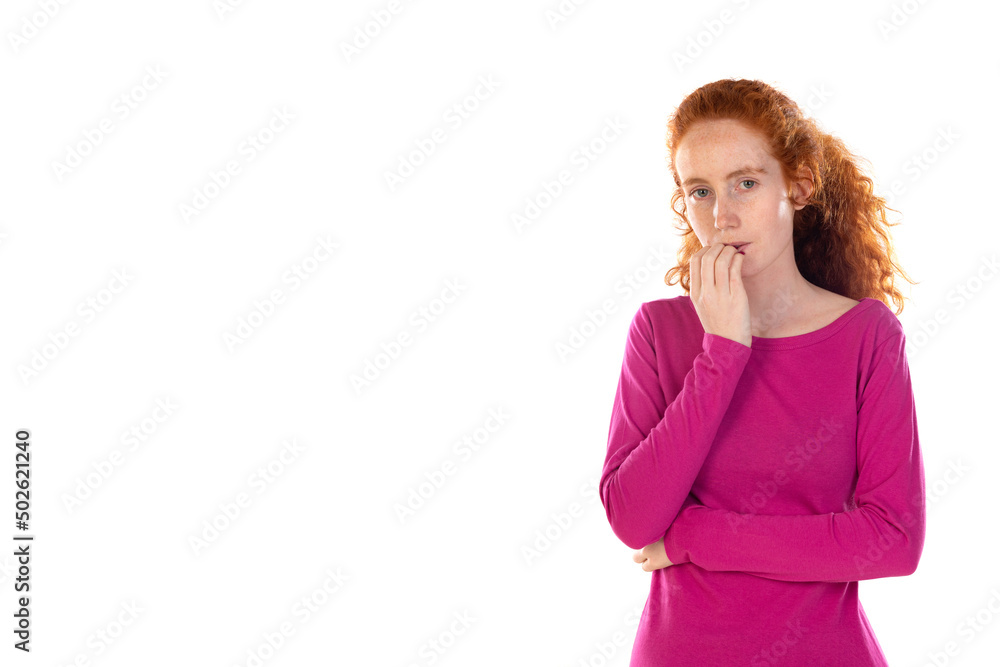 Photo of thoughtful delighted woman, imagines something, has wavy ginger natural hai Photo of thoughtful delighted woman, imagines something, has wavy ginger natural hai