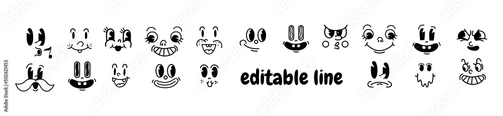 Fototapeta premium Retro 30s cartoon mascot characters funny faces. 50s, 60s old animation eyes and mouths elements. Vintage comic smile for logo vector set. Smiley caricatures with happy and cheerful emotions, 