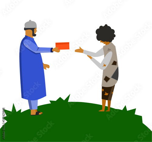 Vector Illustration of Muslim Man Giving Donation to Poor Homeless People