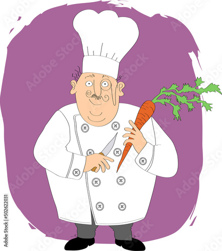 Chef holding carrot and kitchen knife, illustration photo