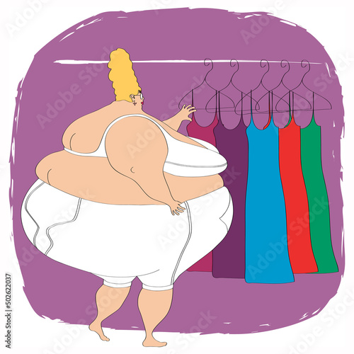 Overweight woman in underwear choosing dress photo