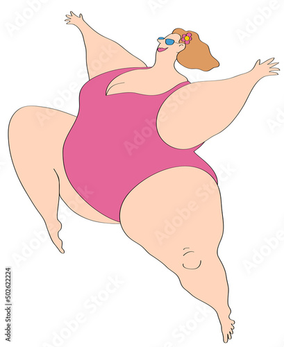 Happy overweight woman in swimsuit jumping