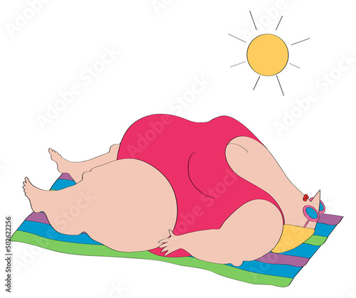 Overweight woman in swimsuit sunbathing photo