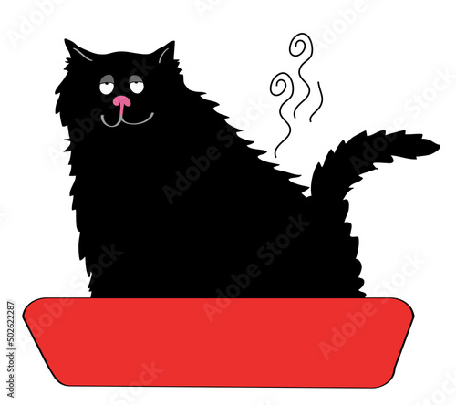 Black cat in red litter box, illustration