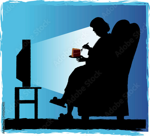 Silhouette of woman watching TV and eating cake, illustration photo