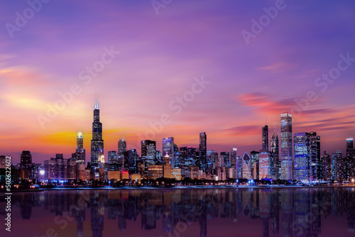 Chicago, Illinois, USA- Downtown skyline from lake Michigan, Chicago downtown skyline at dusk,