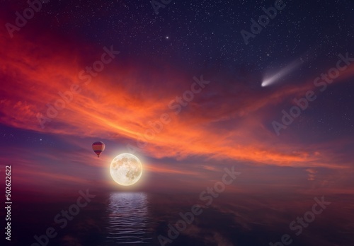 Idyllic heavenly background - colorful hot air balloon flies in sunset sky near full moon. Glowing red cloud, falling comet in dark starry sky.