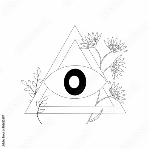 All-seeing eye with flowers, magical, esoteric element, black and white, sticker or icon