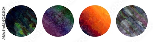 Set of watercolor planets isolated on white background. Circles with fill like planet in space