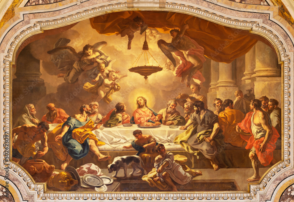 MONOPOLI, ITALY - MARCH 5, 2022: The painting Last Supper in Cathedral - Basilica di Maria Santissima della Madia by Francesco de Mura (1696 - 1782).
