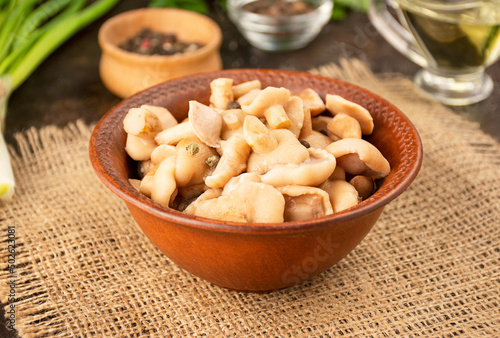 Pickled mushrooms in a bowl.Fermented food. Mushrooms with herbs and spices. Homemade food. Pickled vegetables. Vegetarian food. Side view, close-up. copy space