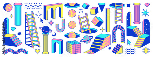 Psychedelic stickers with geometric shapes, surreal elements in trendy surreal trippy style.