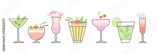 Cocktail illustrations in hand-drawn style. Colorful summer clipart set. Isolated vector holiday design with decorative elements. Juicy tasty beverages.