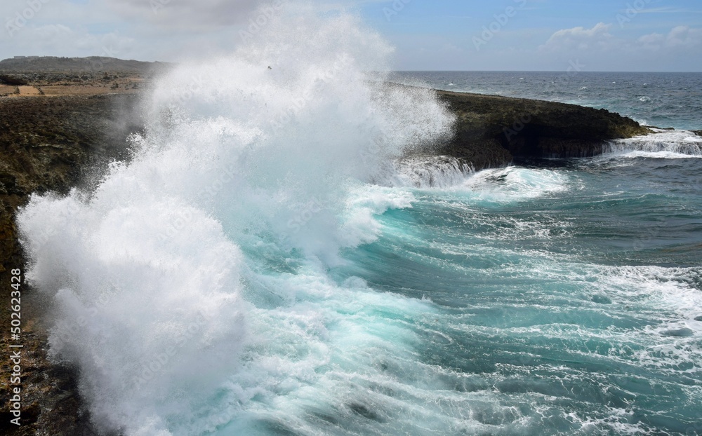Seascape with view of the north west shore of Curacao at Boka Tabla in the Shete Boka National park,
huge wave crashing into the cliff with a big splash