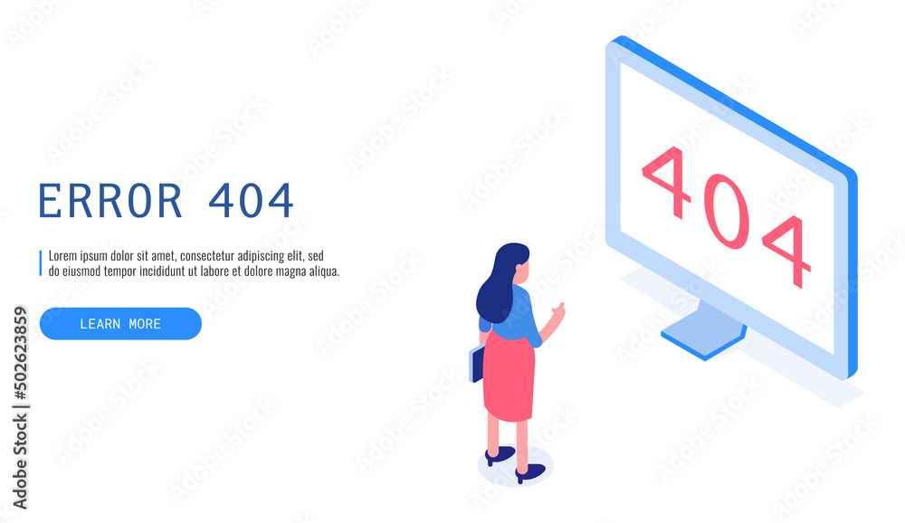Woman watching page not found message on computer. 404 Error. Isometric vector. Woman watching page not found message on computer. 404 Error. Isometric vector.