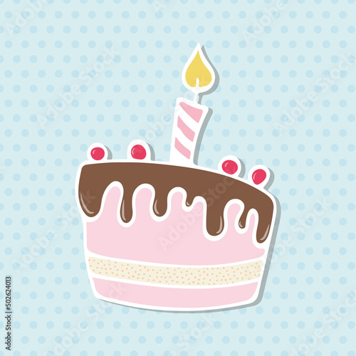 Colorful birthday cake with candle. Hand drawn outline illustration using doodle art on polka dot background