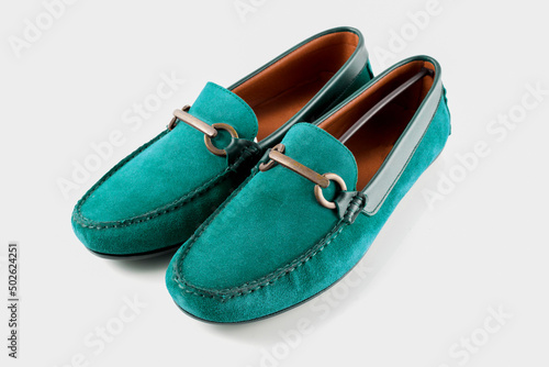Cyan leather shoes on white background, isolated product.