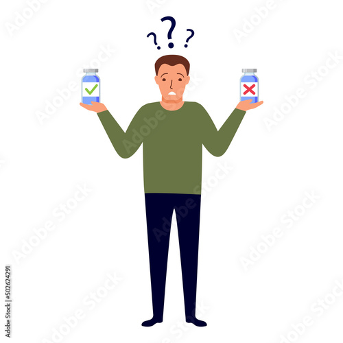 Man choosing between two options.Man thinking about vaccine.Male character choosing between medicament.The guy chooses the medicine.Difficult choice in pharmacy.The guy is holding two jars of pills.