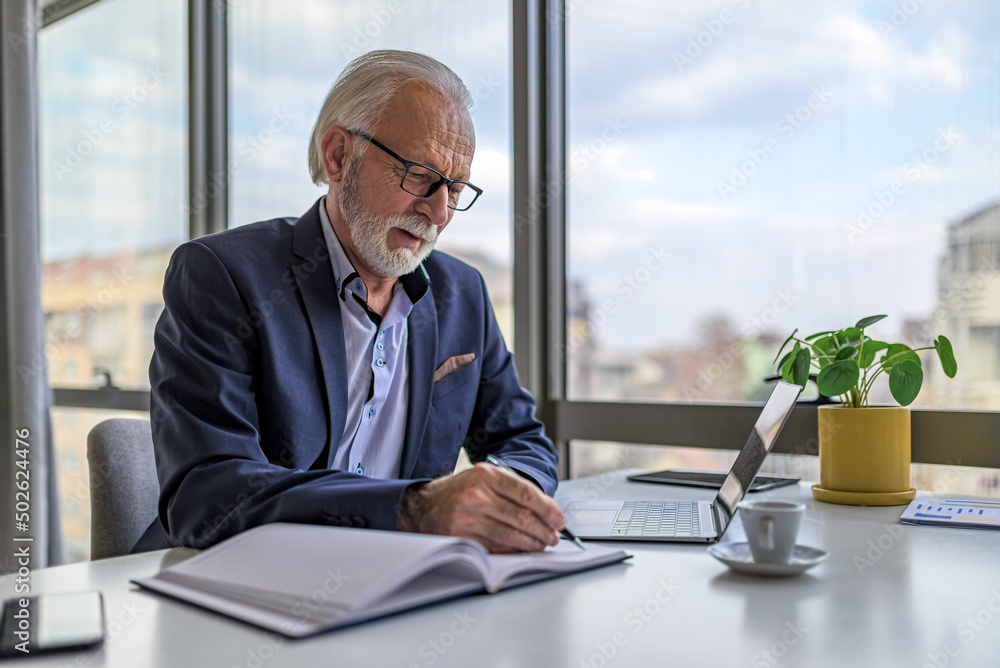 Serious businessman working on business plan by laptop at desk in office Serious businessman working on business plan by laptop at desk in office