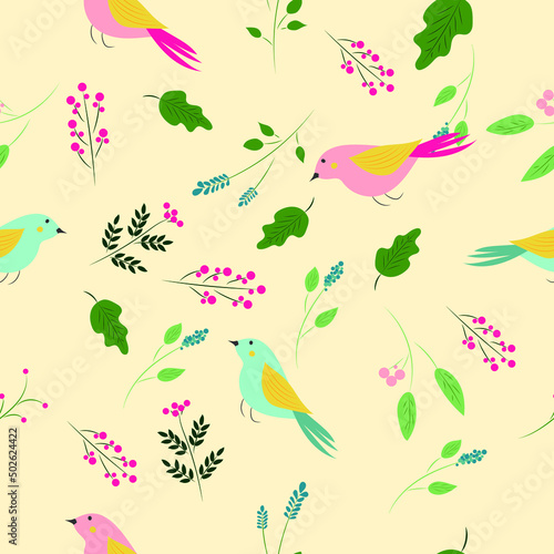 High quality vector pattern with birds and leaves.